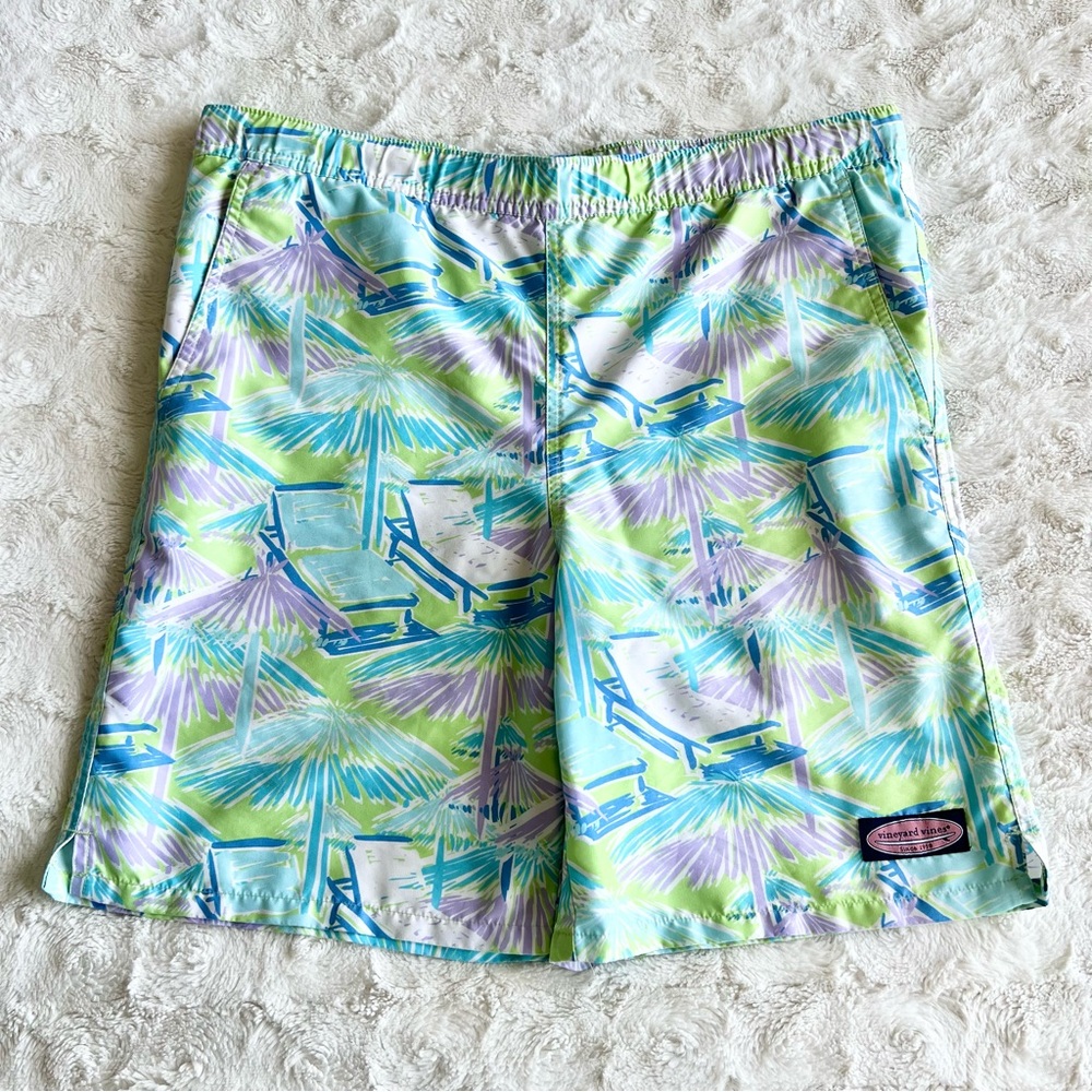 Vineyard Vines Swim Trunks Shorts Mens XL Blue 7” Chappy Palm Tree Beach Chair